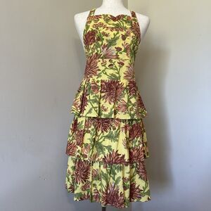 April Cornell Yellow Floral 3 Tiered Bib Apron 100% Cotton One Size Made India
